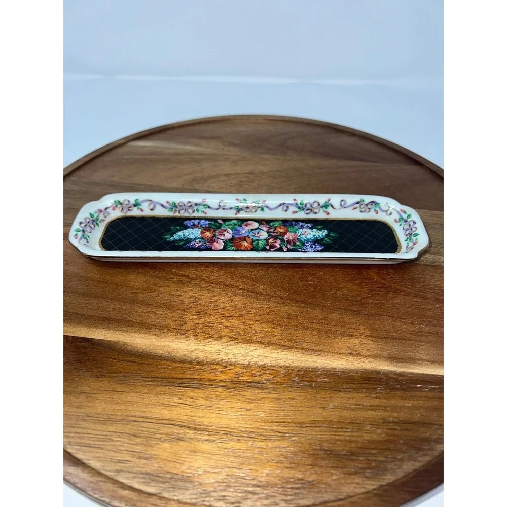 Decorative Floral Trinket Dish Vanity‎ Tray Ceramic Gold Trim
